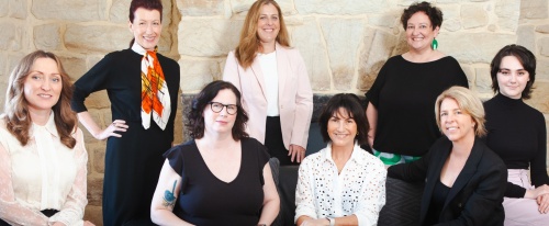 Change&Co team sitting on, and standing around, a couch in front of a stone wall and fireplace, smiling into camera