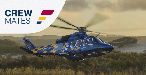 LifeFlight helicopter flying over an Australian landscape with Crew Mates logo overlaid